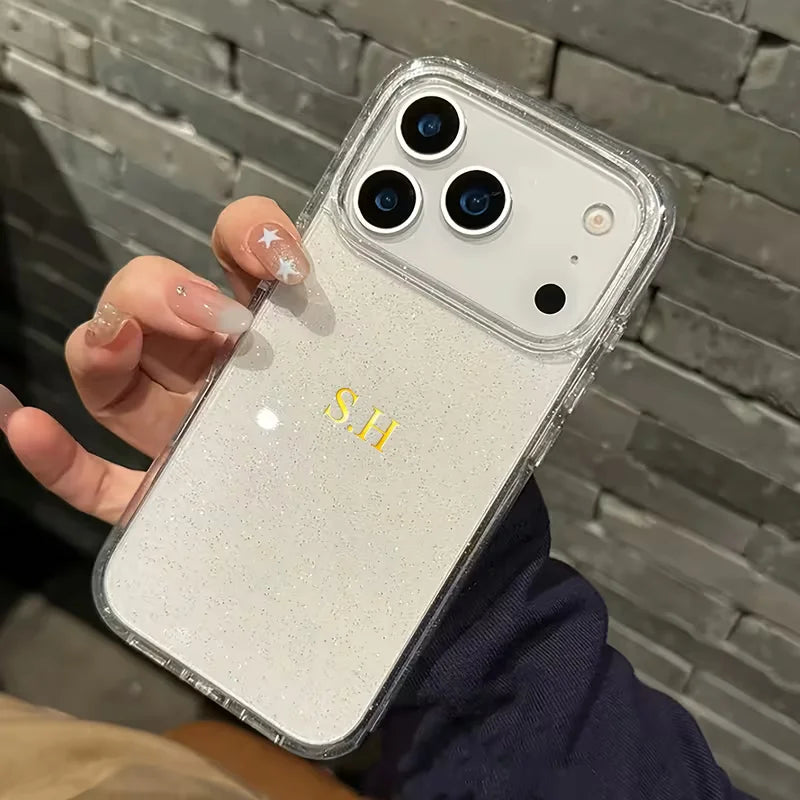 Personalized Custom Name Hot Foil Engraved Transparent With Fine Glitter Phone Case For iPhone 13 14 15 16 17 Pro Max 17 Air