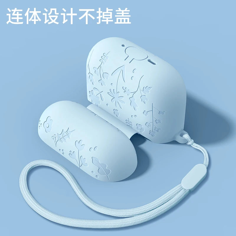 For AirPods 4th Generation Case with Cleaner Kit/Keychain Flower Engraved Silicone Shockproof Cover for 2024 AirPods 4 Case New