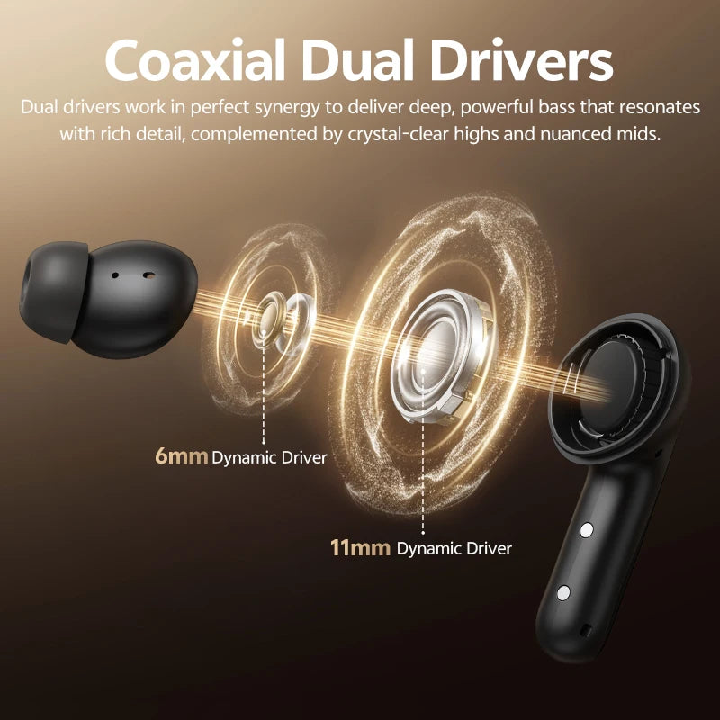 QCY BH25HT19A MeloBuds N60 Hybrid ANC Wireless Bluetooth 6.0 Earbuds LDAC Hi-Res Audio Dual Driver Headphone Bass Boost Earphone