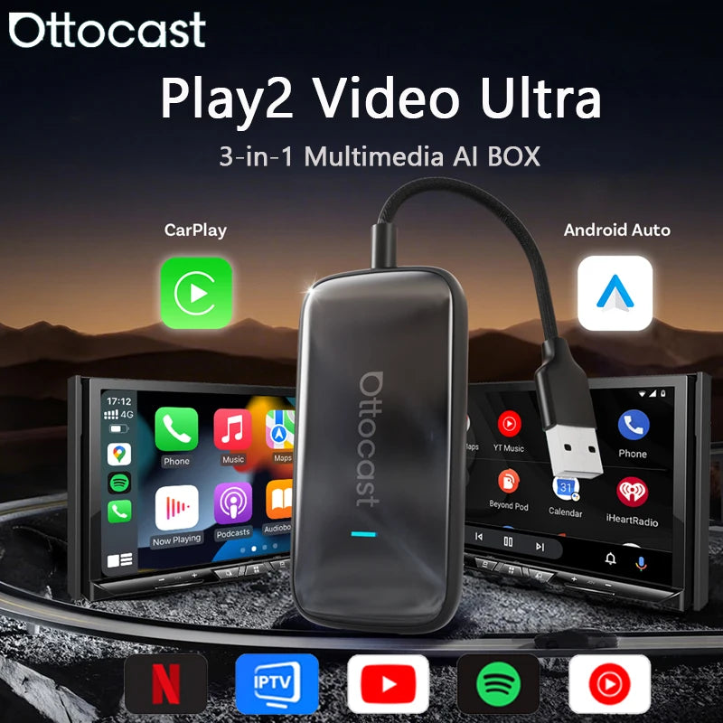 OTTOCAST Play2Video Ultra Carplay Ai Box Wireless Android Auto Adapter Built in Youtube Netflix For VW Benz Ford 99% of Cars