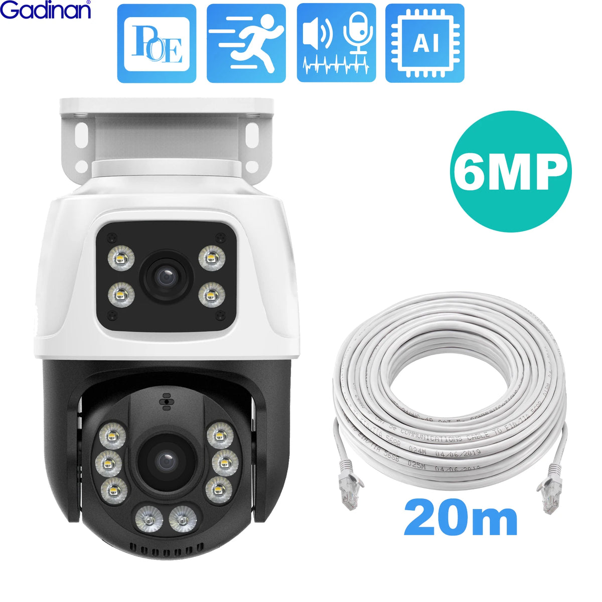 Gadinan 6MP Dual Lens PTZ POE IP Camera Outdoor Home Video Security Surveillance Motion Detection CCTV Support Onvif XMEye iCSee