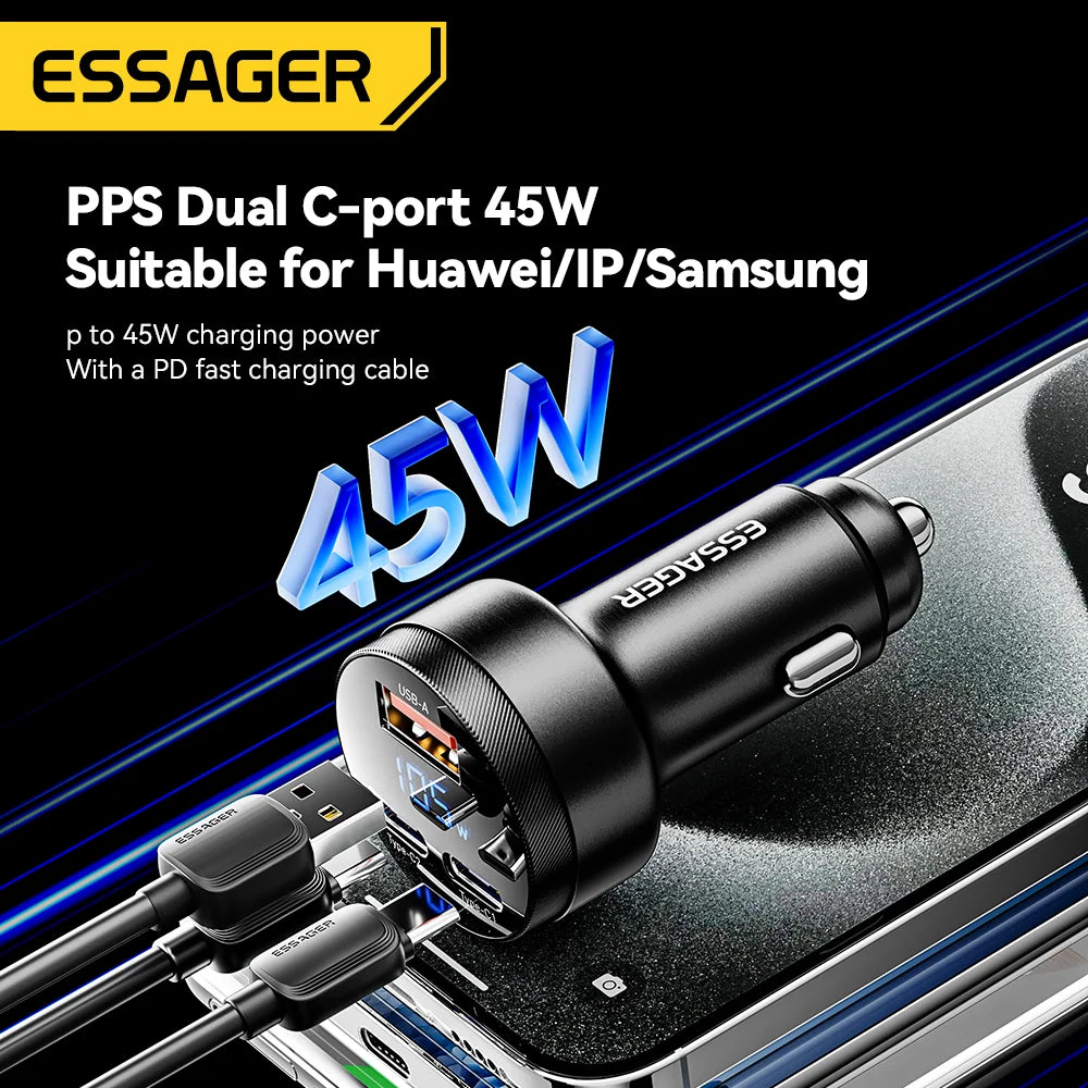 Essager USB C Car Charger 105W Quick Charge PD3.0 QC4.0 3.0 SCP PPS USB Type C Fast Charging For iPhone 15 14 13 Samsung Xiaomi