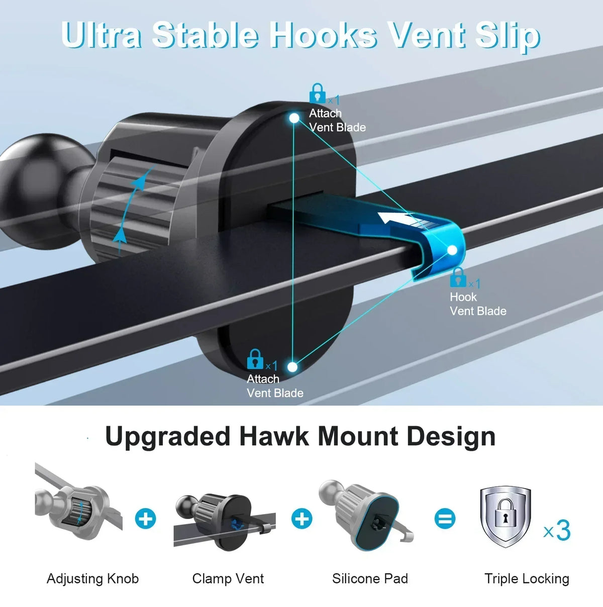 Car Phone Holder for Vent - Air Vent Cell Phone Mount for Car, Acrylic Hands Free Automobile Cradle Clip Stand, 4-7" Cellphones