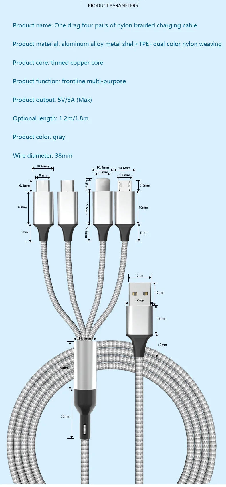 Multi USB Charging Cable (3A) USB Cable 4 in 1 Fast Charging Cord Adapter for iphone Android Phones Tablets and More