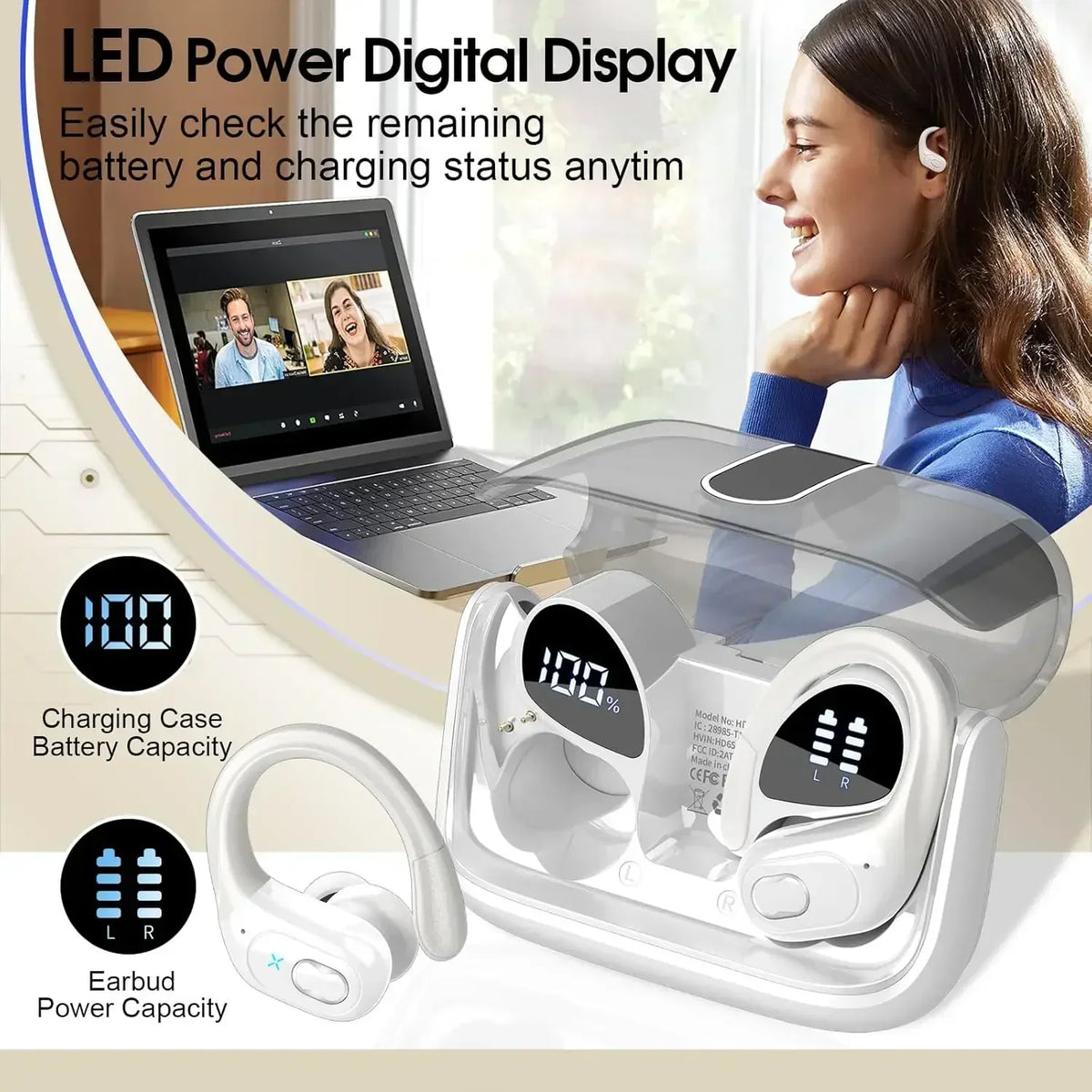 Wireless Earbuds Sport Bluetooth 5.4 Headphones with Noise Cancelling Mic 75Hrs HiFi Stereo Over Ear Bud LED Display USB-C IPX7