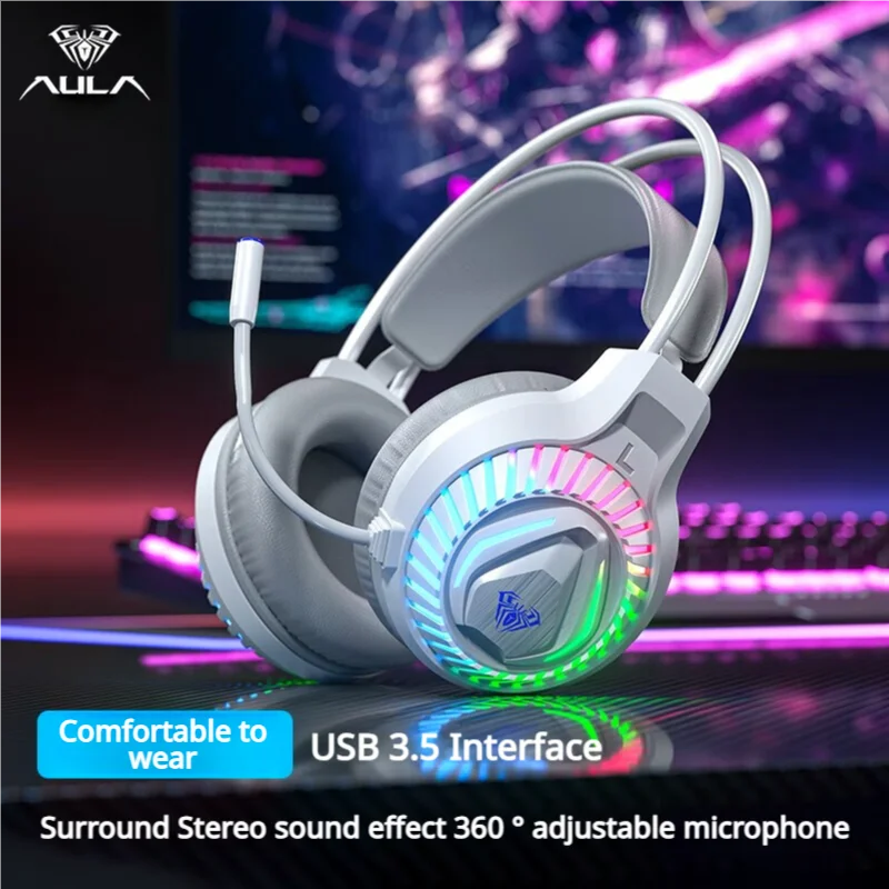 AULA S605 Wired Gaming Headset 50mm Driver Dual 3.5mm+USB RGB Bass for PC/Laptop/PS4/Over-Ear Headphones