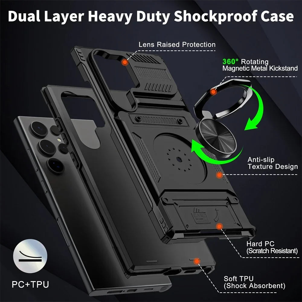 Case For Samsung Galaxy S25 S24 S23 Ultra Plus FE A55 A35 A15 A14 Magnetic Rotated Ring Kickstand Heavy Protection Wallet Cover