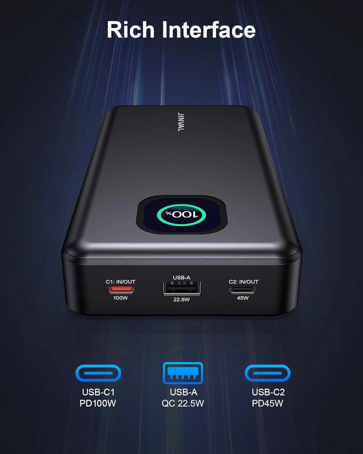 JINVAL Power Bank 25000mAh 100W 3-Port Portable Charger, PD 3.1 Fast Charging Phone Battery Pack for iPhone 17/16, MacBook, iPad