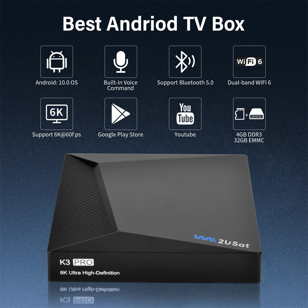 We2USat K3 PRO+-Streaming Smart TV Box Media Player Build in WiFi+Voice Remote Control Comparison with Vseebox V5 PRO Free Ch