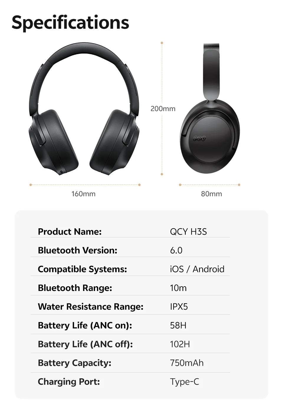 QCY Wireless Bluetooth 6.0 BH25H3SA Headphone 3D Spatial Audio Earphone -56dB Adaptive ANC 53mm Driver Foldable Over Ear Headset