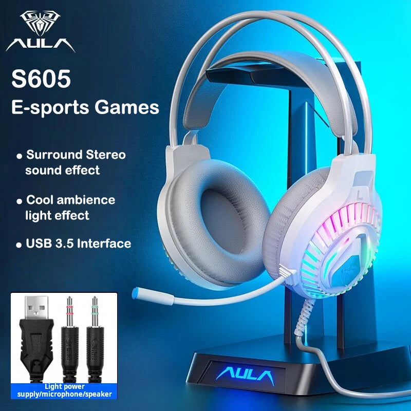 AULA S605 Wired Gaming Headset 50mm Driver Dual 3.5mm+USB RGB Bass for PC/Laptop/PS4/Over-Ear Headphones