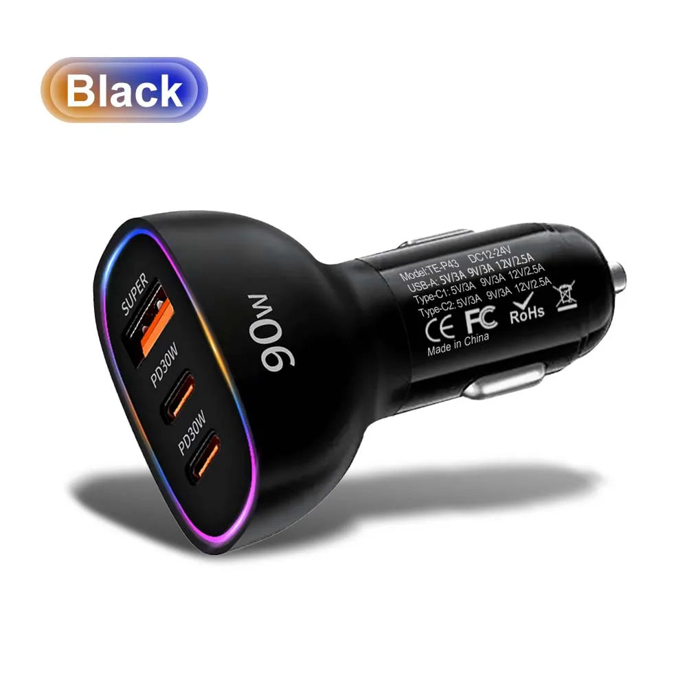 90W USB C Car Charger 3-Port Super Fast Charging Adapter Dual PD 30W and USB A with LED Ring Light For iPhone 17 16 For Samsung