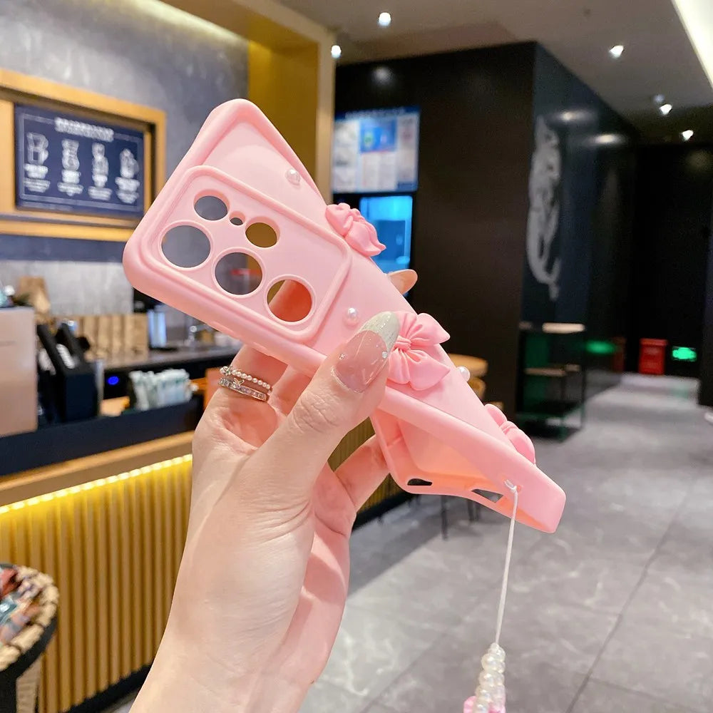 3D Pearl Pink Bow Lanyard Phone Case For Samsung Galaxy S25 S24 Ultra S23 S22 S21 Plus A53 A54 Bracelet Wrist Strap Soft Cover
