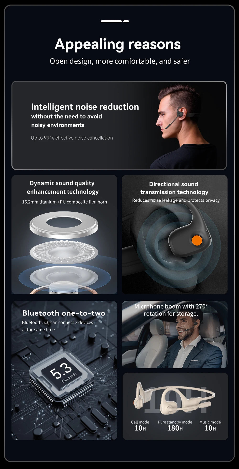 DG09 Bone Conduction Headphone Wireless Bluetooth 5.3 Headset Outdoor Sport Earphones IPX5 Waterproof Hands-free with Microphone