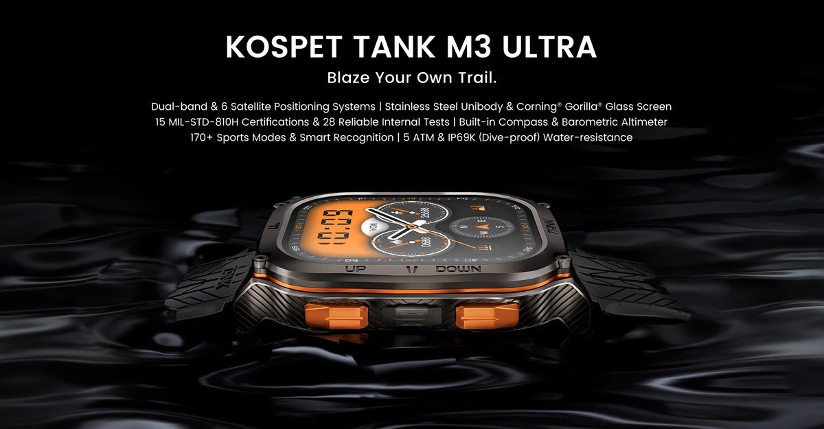 KOSPET TANK M3 Ultra GPS Smart Watch Men Military Grade Compass Altimeter Barometric 480mAh 60Day Battery IP69K 5ATM Waterproof