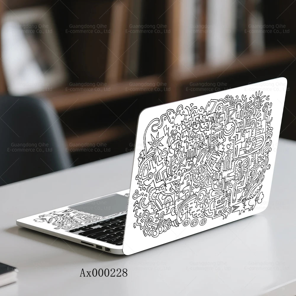 2Pcs Black White Doodle Laptop Skin, Waterproof Vinyl Graffiti Laptop Decal Art Stickers for MacBook HP Dell Universal Laptop