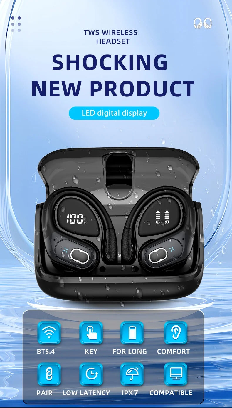 Sports Bluetooth Earphones Waterproof Wireless Headphones 75hrs Music with ENC Noise Cancellation Mic Soft Earhook TWS Earbuds