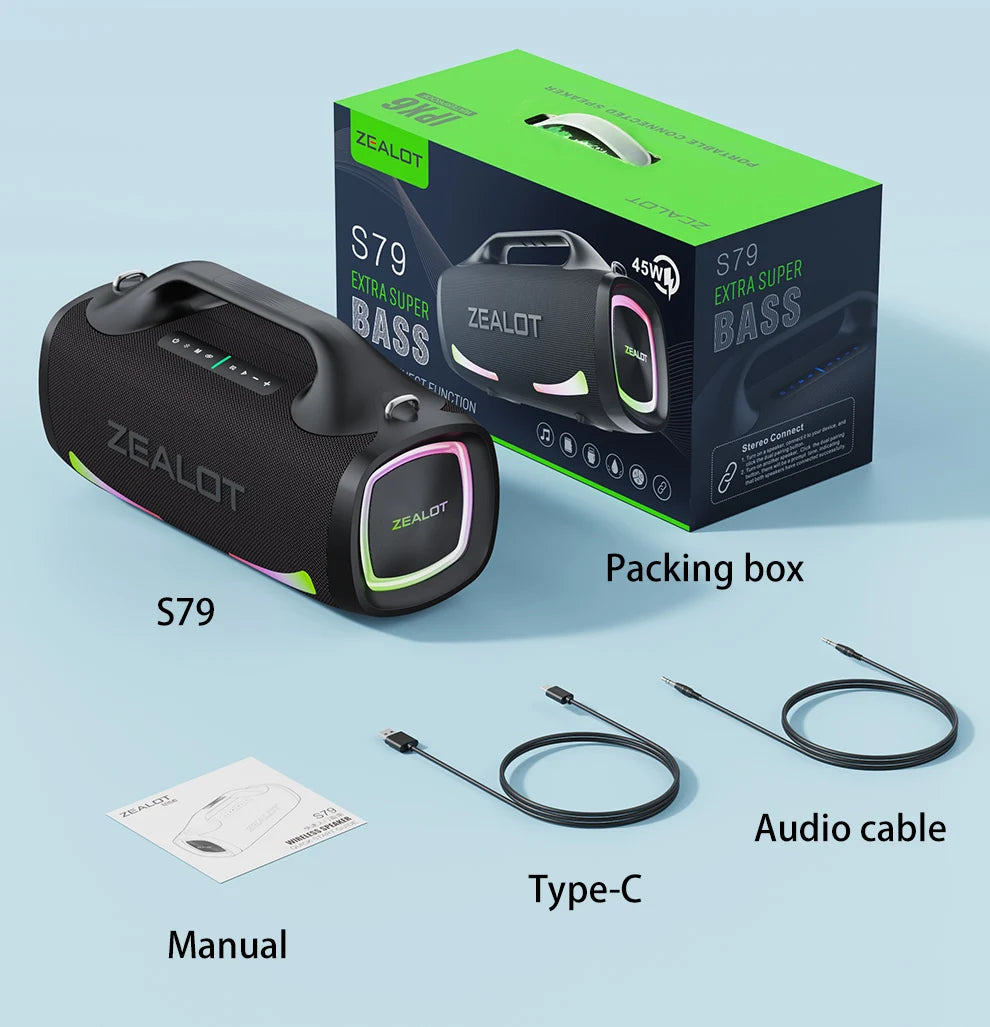 Zealot S79 100W Wireless Speaker, Portable Subwoofer Speaker, Hi-Fi Sound Quality, Dual Pairing, Fast Charging, 24000mAh.
