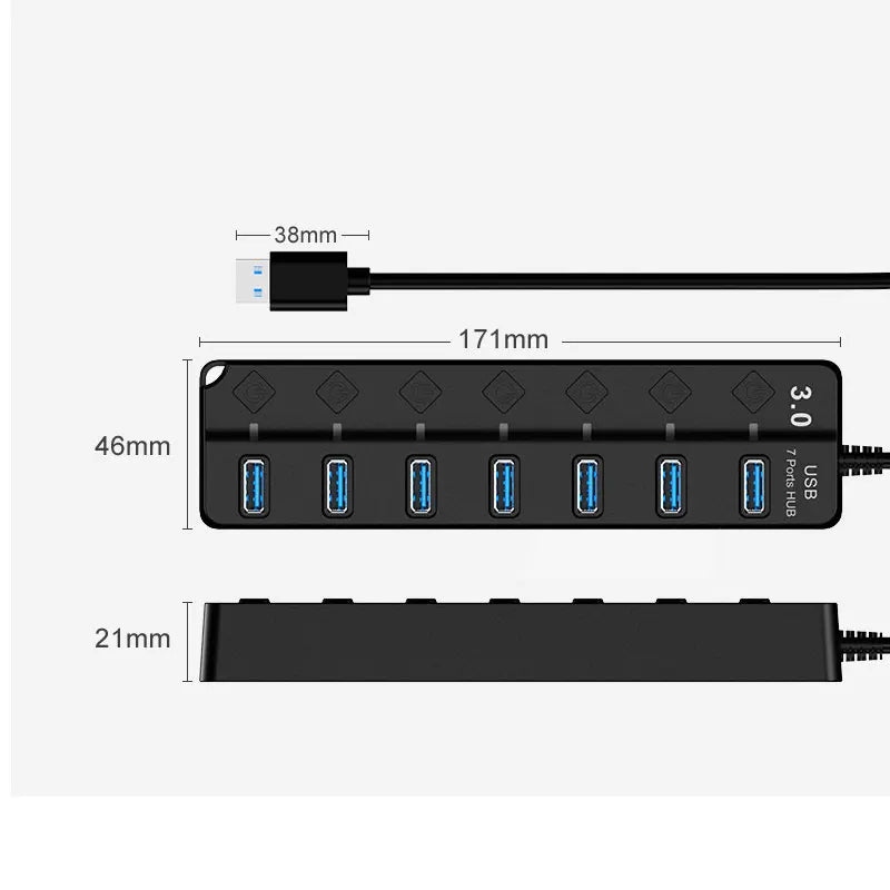 USB HUB 3.0 USB 2.0 Hub Multi USB Splitter Hub Use Power Adapter 4/7 Port Multiple Expander USB 3.0 Hub with Switch 30CM Cable