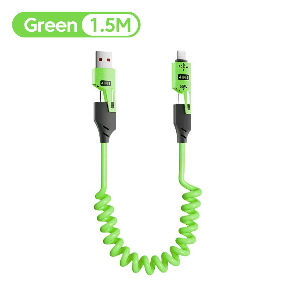 4 in 1 PD 27W 65W Fast Charging Spring Cable USB Type C To Type C And Lightning Data Cable Wire For iPhone 15 16 Samsung Xiaomi
