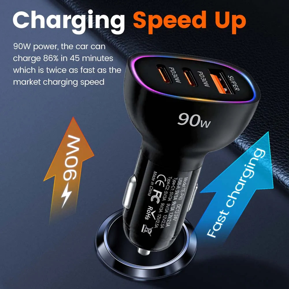 90W USB C Car Charger 3-Port Super Fast Charging Adapter Dual PD 30W and USB A with LED Ring Light For iPhone 17 16 For Samsung
