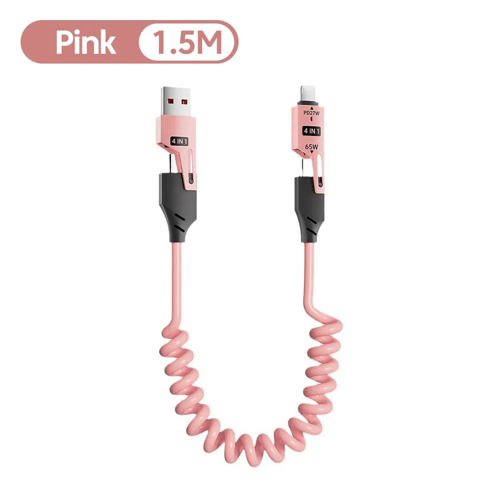 4 in 1 PD 27W 65W Fast Charging Spring Cable USB Type C To Type C And Lightning Data Cable Wire For iPhone 15 16 Samsung Xiaomi