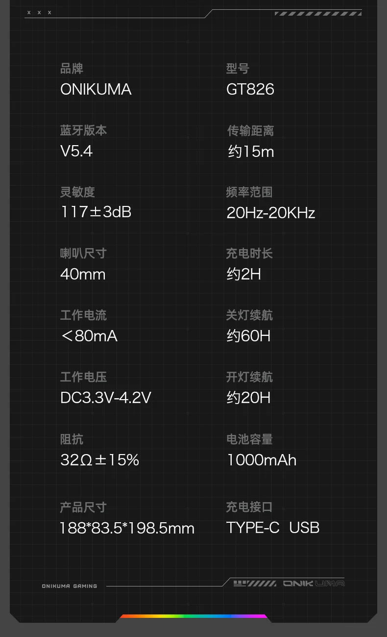 ONIKUMA GT826 Wireless Headset Gaming Headphone Tri Mode Connection Bluetooth USB C 2.4G Low Latency RGB Stereo Sound For PS5 PC