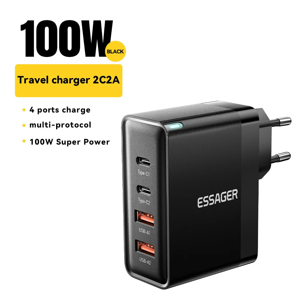 Essager 100W USB Type C Charger 65W PD Quick Charge4.0 3.0 Type-C Fast Charging For iPhone 14 13 12 Xiaomi Macbook 13 Pro Laptop