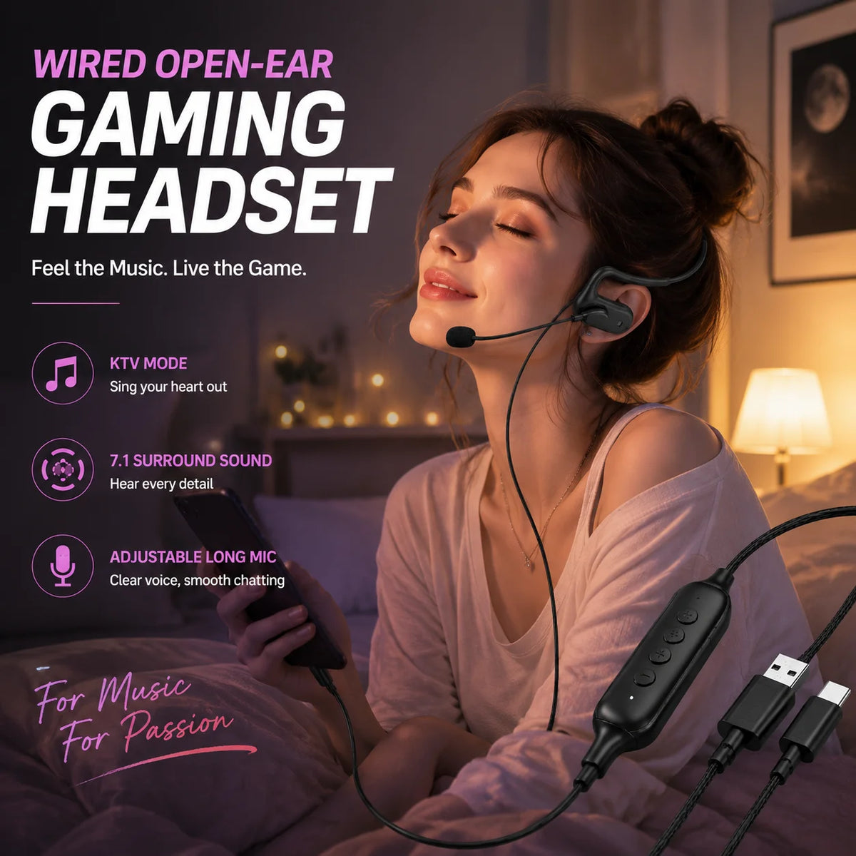 Over Ear Wired Headphones With Microphone Air Conduction USB Singing Fone Headset Gamer Sound Card Gaming Earphone For Xiaomi