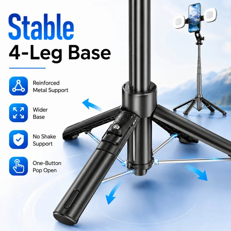 P135 Magnetic Bluetooth Selfie Stick Tripod, Universal Phone Floor Stand with 4-Leg Stable Base, Wireless Remote Photo Shooting,