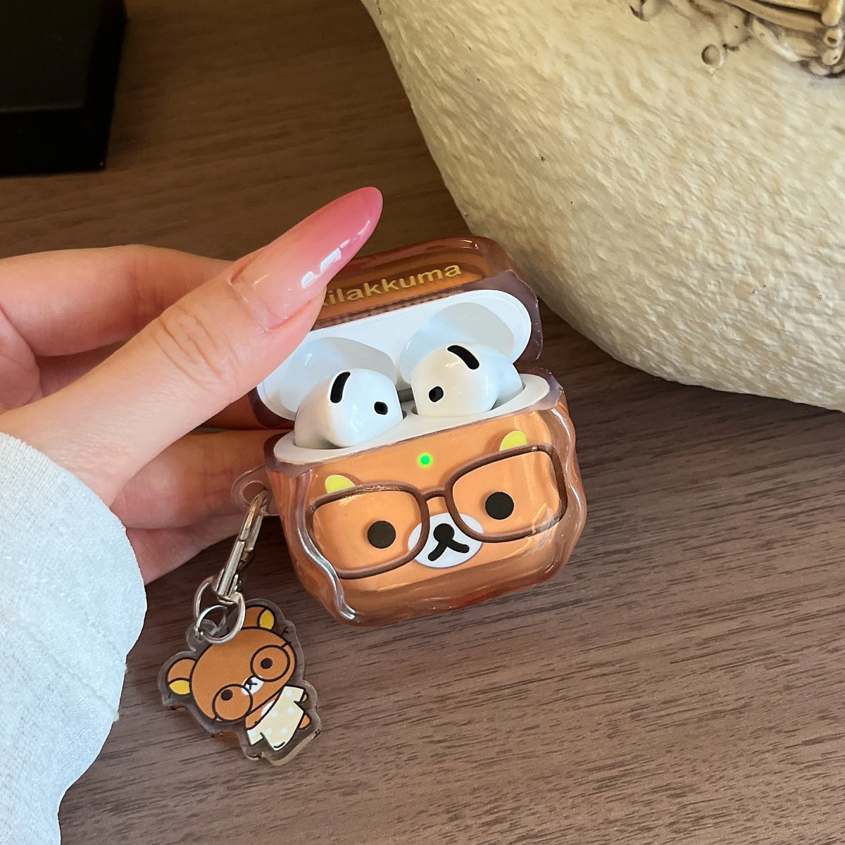 Korean Cute Rilakkuma Glasses Clear AirPods Case with Keychain for AirPods 1 2 3 4 Pro 2 Pro 3 Cute Shockproof Protective Cover