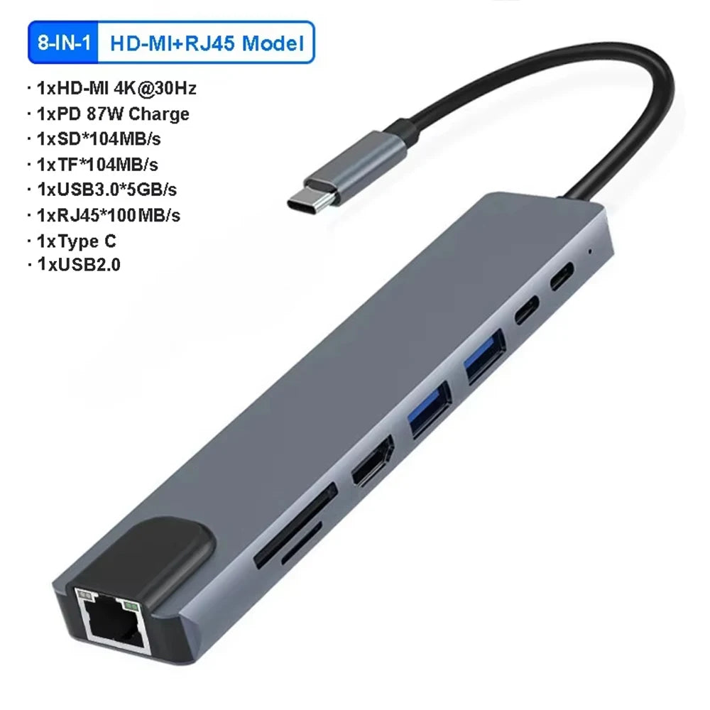 USB C HUB 4K30Hz Docking Station 8-IN-1 USB 3.0 Splitter Type C to RJ45 SD/TF Card Reader for MacBook Notebook Laptop Computer