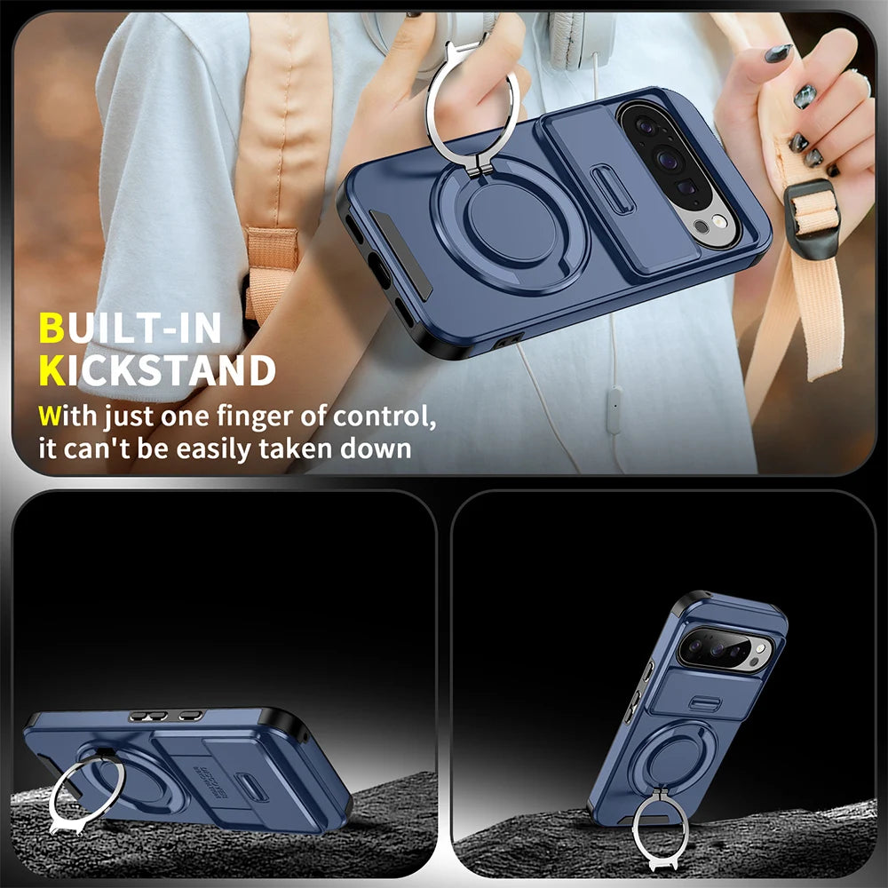Heavy Duty Rugged Phone Case for Google Pixel 10 9 Pro XL 7 8 9 10 Pro 8A 9A Cases with Sliding Lens Cover Ring Kickstand Funda