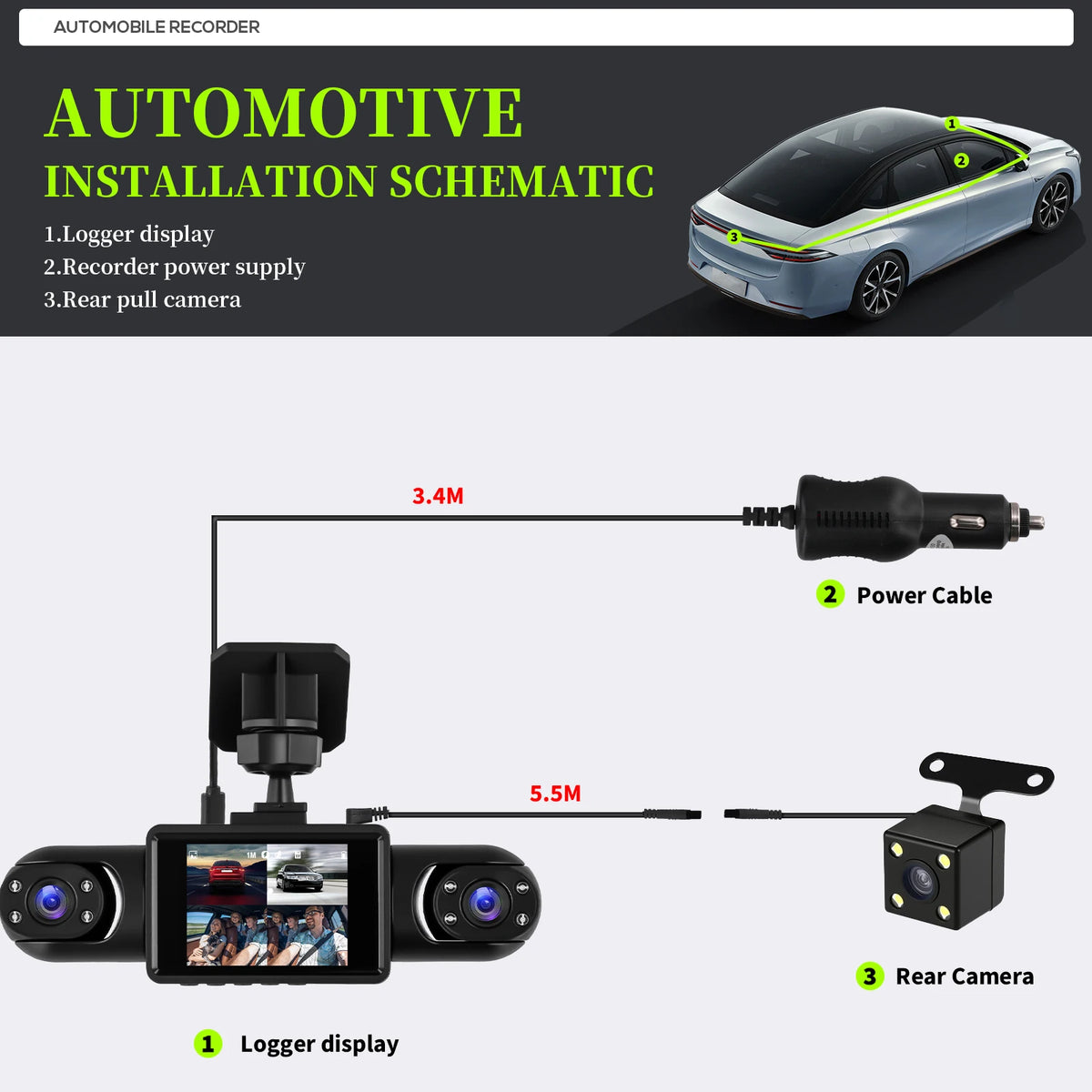 Podofo 2inch 1080P Car Dash Cam with Four High-Definition Cameras, Including 480P Left Interior, Right Interior, and Rear Cameras Loop Recording Add Hardwire Kit Car Accessories Black Box Driving Assistance Camera