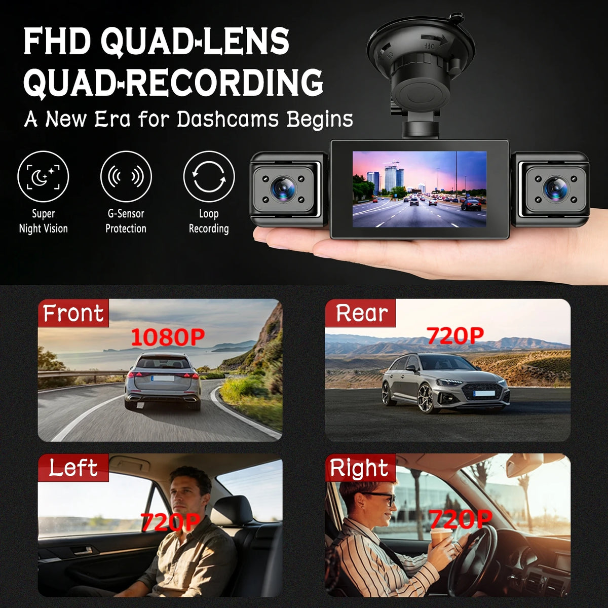BCUOZ 4-Lens 360° Dashcam with Super Night Vision - 1080P Front 720P Rear Left Right Car Cameras G-Sensor Loop Recording WDR 12-24V Plug Power Supply Optional 64GB Memory Card