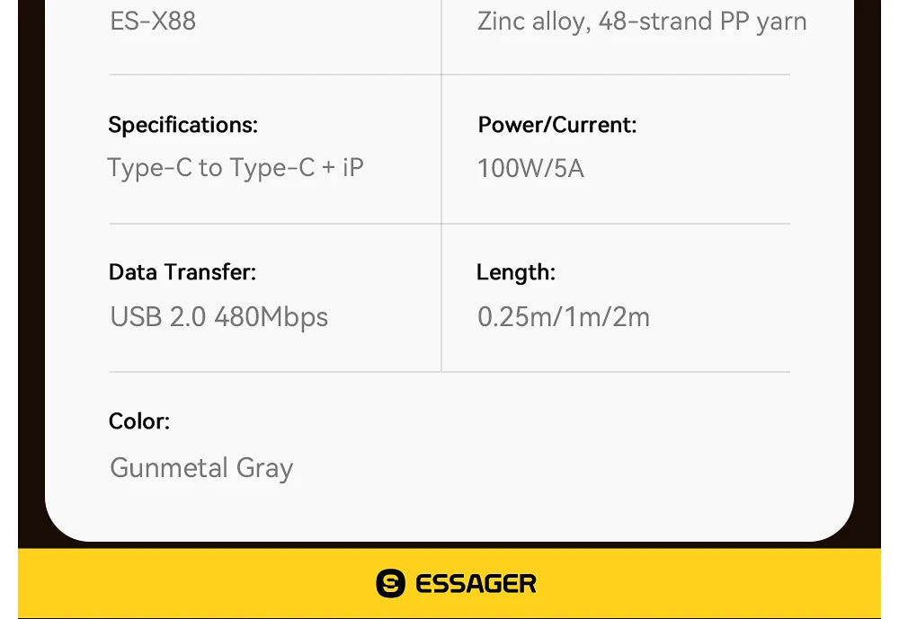 Essager 2-in-1 USB Type C to Lightning Cable 100W PD Fast Charging Wire for iPhone 17/16/15/14 MacBook iPad Xiaomi - Type C to L