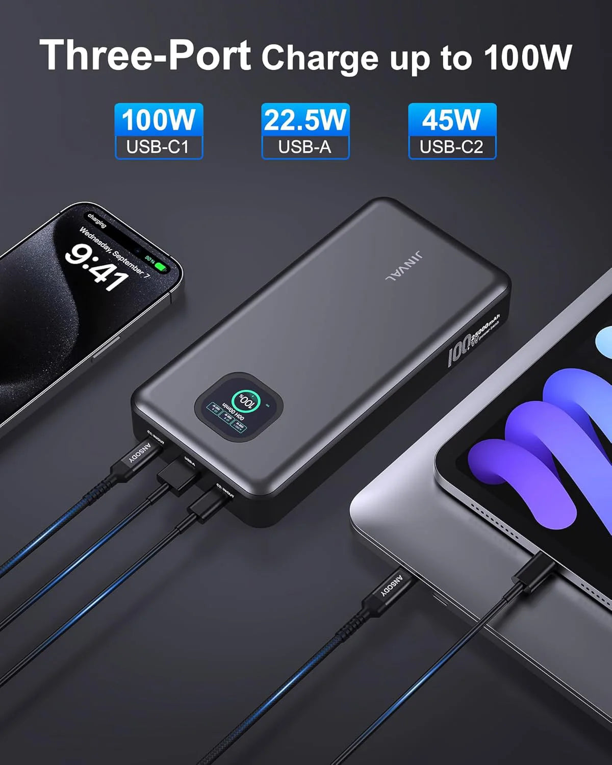 JINVAL Power Bank 25000mAh 100W 3-Port Portable Charger, PD 3.1 Fast Charging Phone Battery Pack for iPhone 17/16, MacBook, iPad