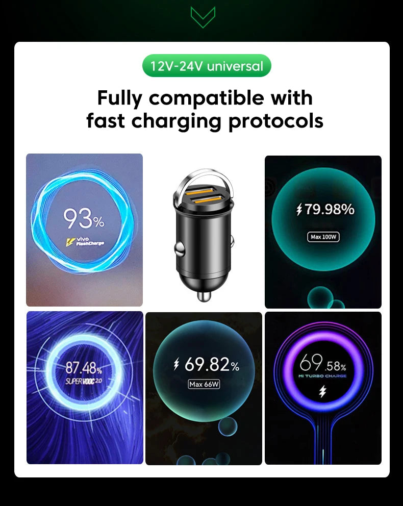 200W Dual USB Car Charger Pull Ring Fast Charging Car Phone Charger Adapter For Xiaomi Samsung Mini Car Charger