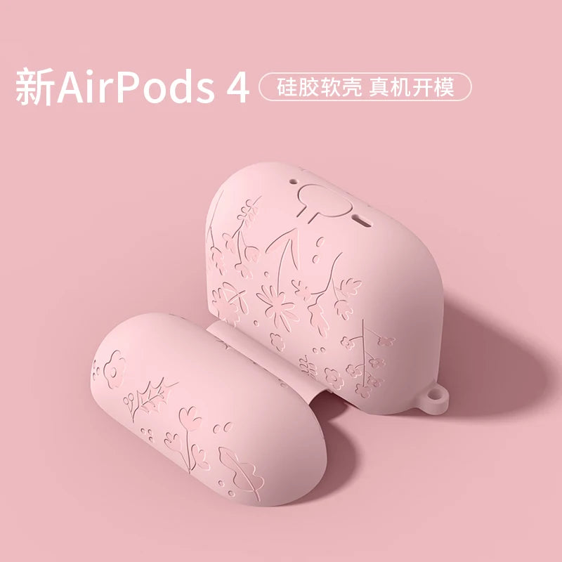 For AirPods 4th Generation Case with Cleaner Kit/Keychain Flower Engraved Silicone Shockproof Cover for 2024 AirPods 4 Case New