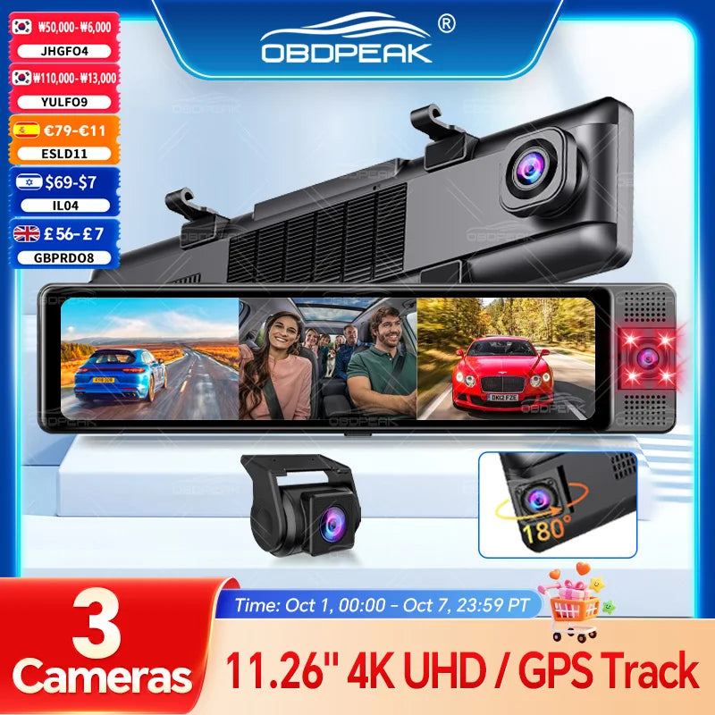 OBDPEAK 3 Camera Dash Cam 4K Car DVR Front Inside Rear 1080P GPS Tracking Night Vision Video Registrator Dashcam Parking Monitor