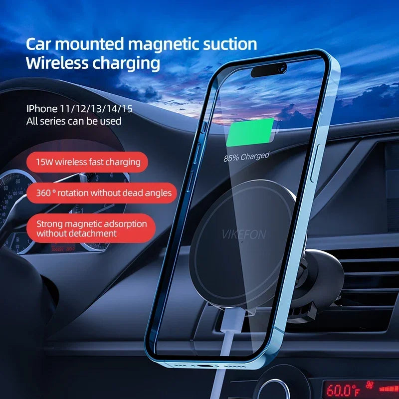 VIKEFON Magnetic Car Wireless Charger + Ring For iPhone 12 13 14 15 Pro Max Air Vent Car Phone Holder Stand Fast Car Charging