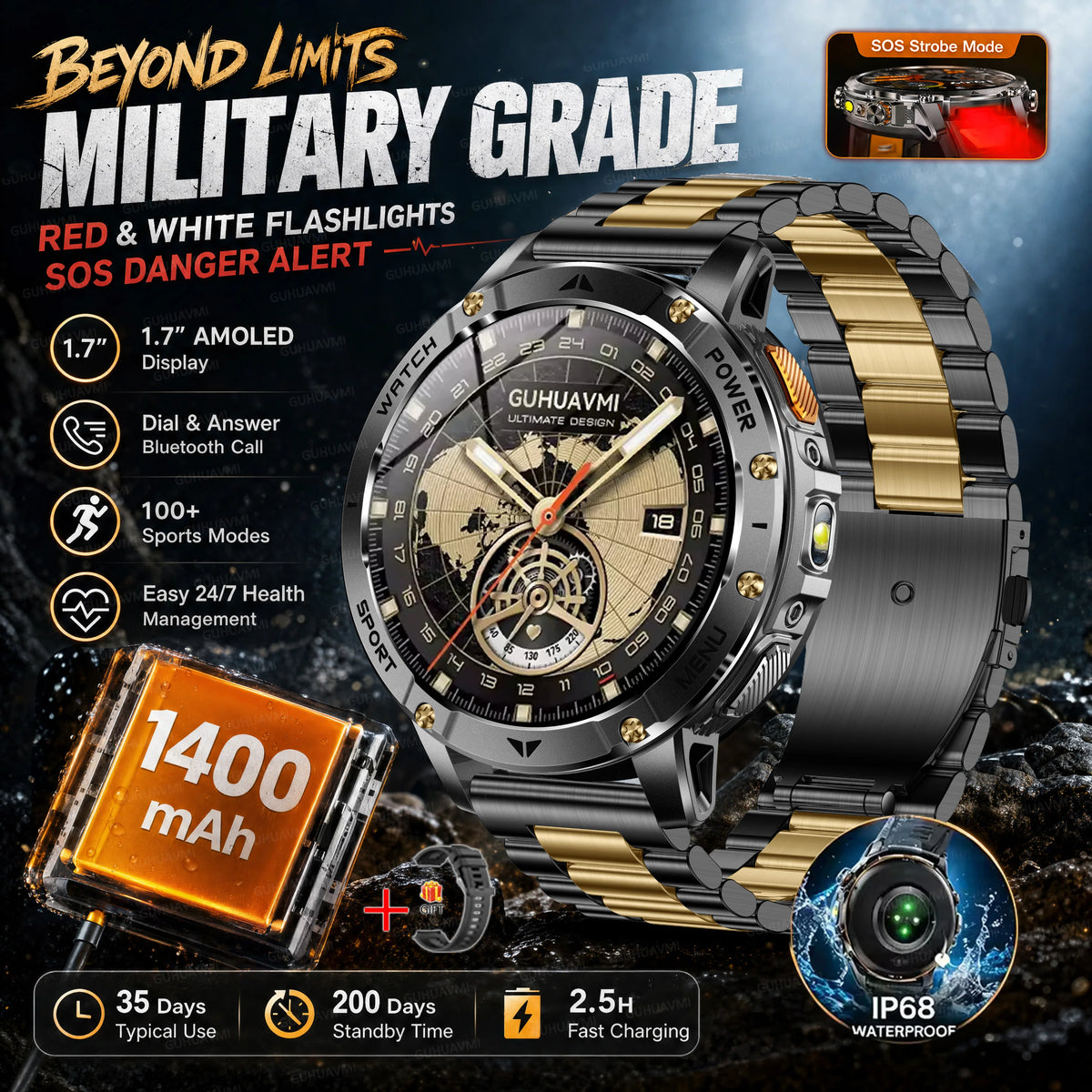 Ultra Large 1400mAh Battery Sport Smartwatch 1.7” Heart Rate Tactical Strong Flashlight 5ATM Waterproof Call Smart Watch For Men