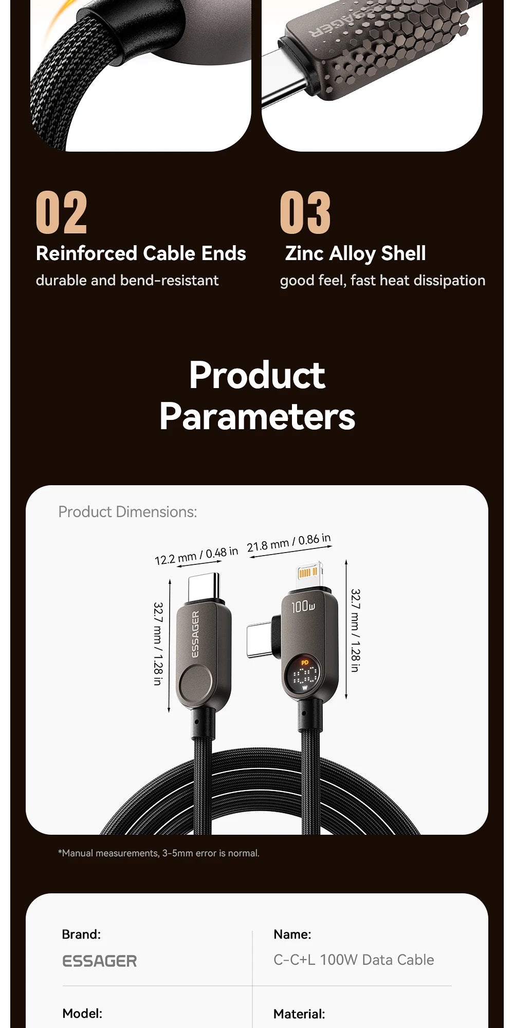 Essager 2-in-1 USB Type C to Lightning Cable 100W PD Fast Charging Wire for iPhone 17/16/15/14 MacBook iPad Xiaomi - Type C to L