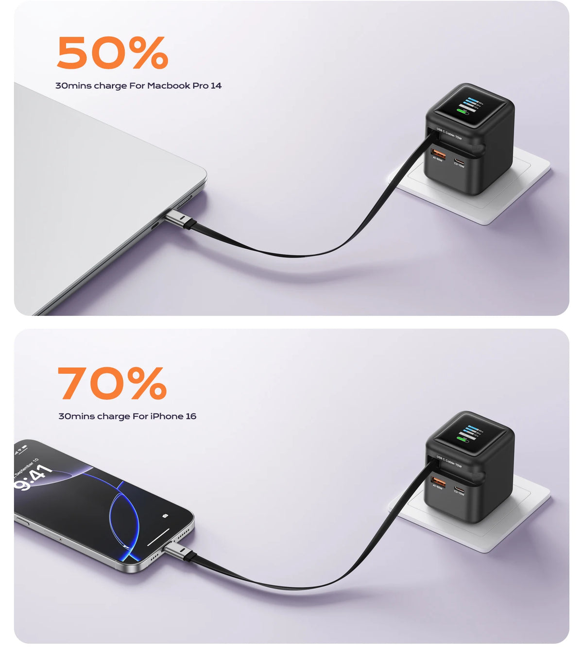 70W GaN Fast Charger with Type-C Retractable Cable 3 IN 1 PD3.0 QC4.0 PPS Fast Charging for IPhone 16 15 14 Xiaomi Tablet Laptop