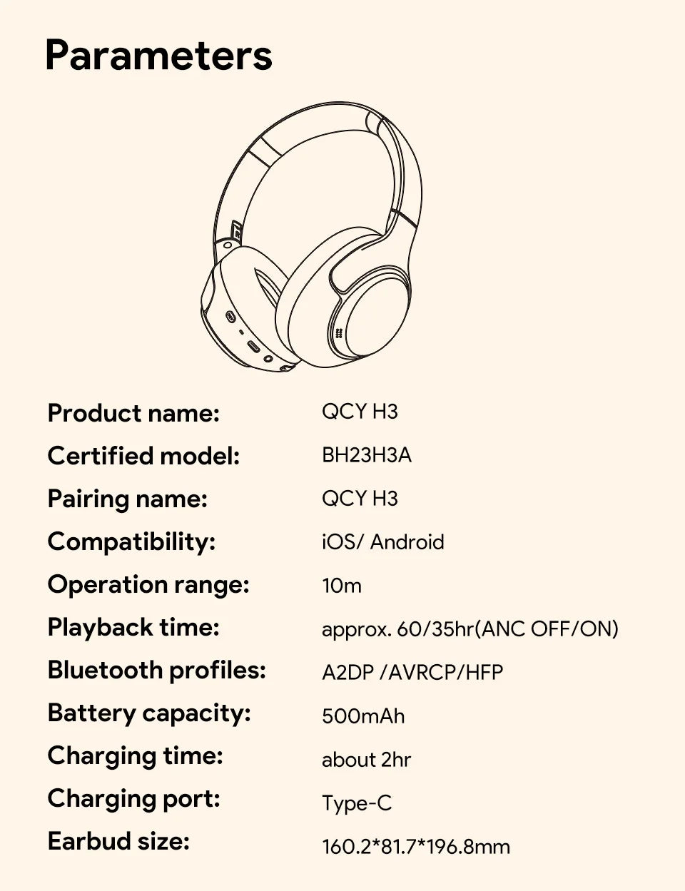 QCY H3 ANC Hi-Res Audio Wireless Bluetooth 5.4 Headphones Over Ear Headset 60Hrs 43dB Hybrid Active Noise Cancellation Earphone