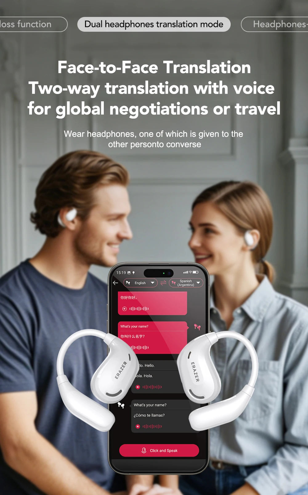 Erazer XT66 Intelligent Translator Earphone Wireless Headphones Bluetooth Earbuds Real-time Translate Equalizer APP Built-in Mic