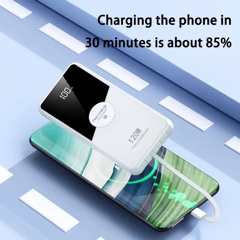 PowerBank 200000mAh Large Capacity with 4 Cables Fast Charging Portable Battery Charger for IPhone16 15 14 Samsung Xiaomi