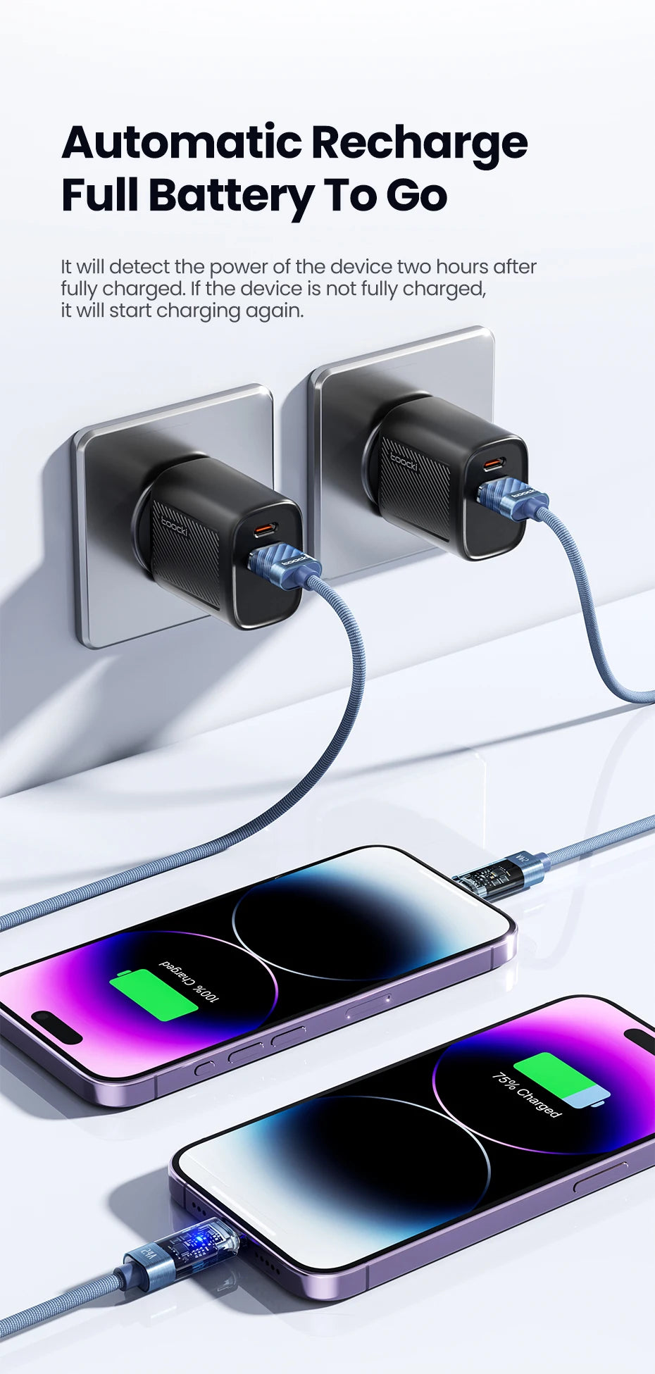 Toocki USB A to Lightning Cable 2.4A Smart Auto Power-off Fast Charging Data Wire for iPhone 14 13 12 11 Pro Max XS 8 7 SE iPad