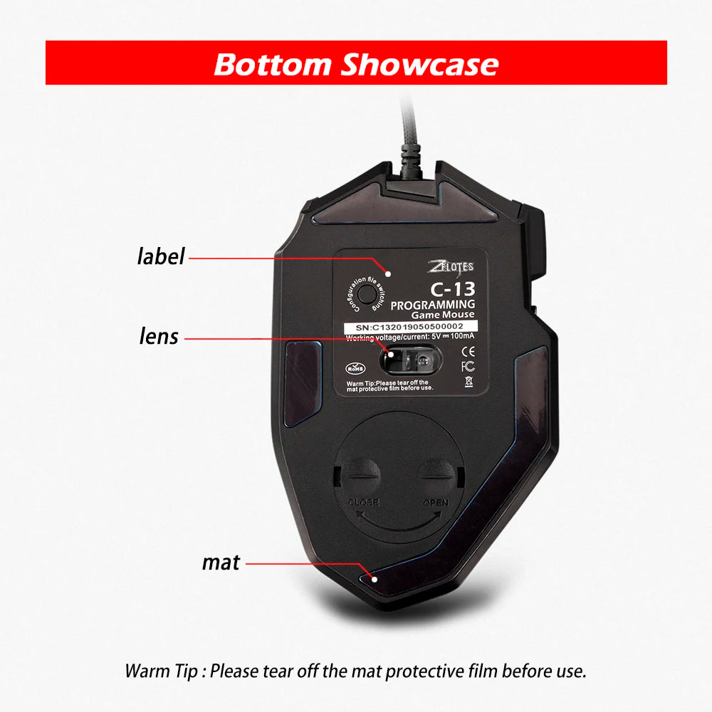 ZELOTES C13 Wired Mouse 10000DPI Programmable Gaming Mouse 13 Buttons RGB Light Laser Mouse for Gamer Computer PC Laptop