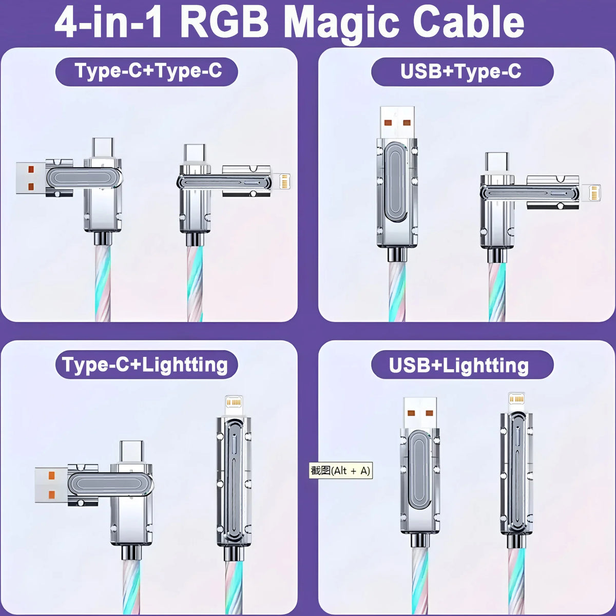 Phone Cable 240W LED Luminous USB Cable 4 in 1 Fast Charging Data Cable for iPhone 14 Pro Max Charger Cables